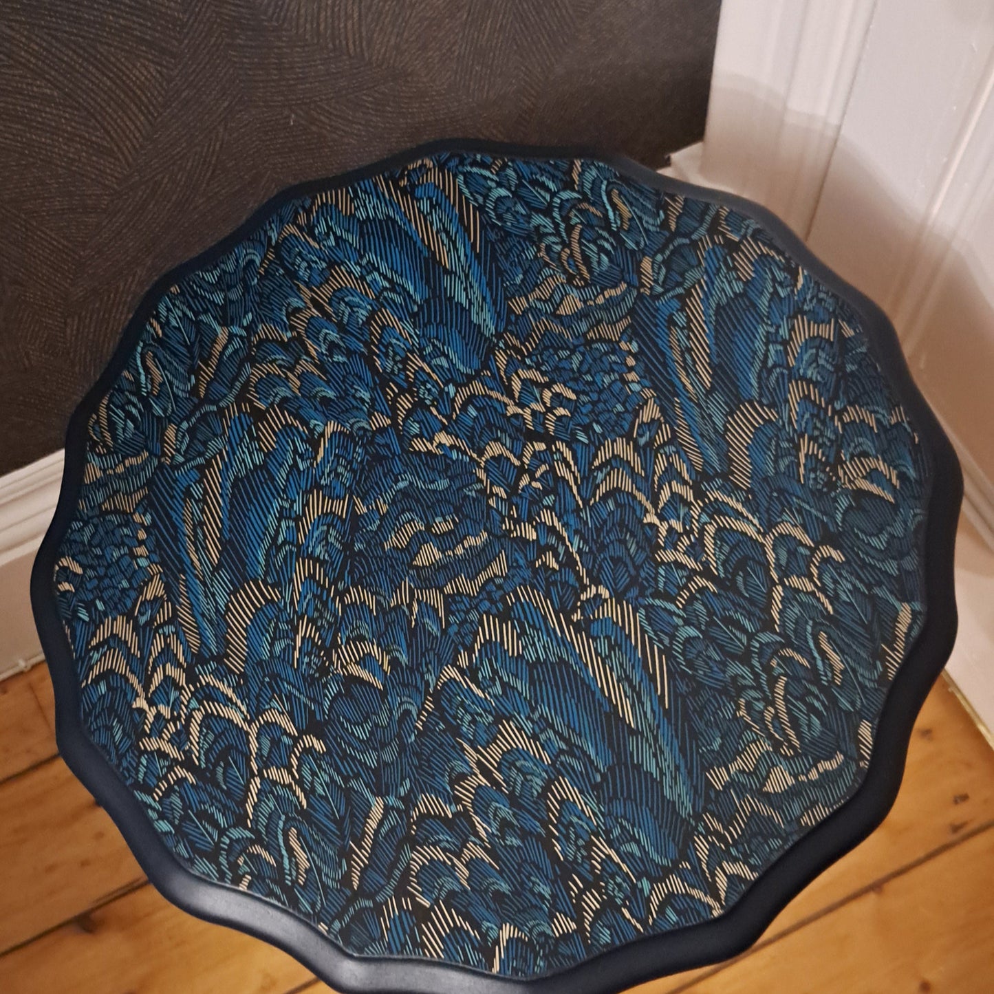 Small Round Upcycled Pedestal Table Dark Blue with Feather Design