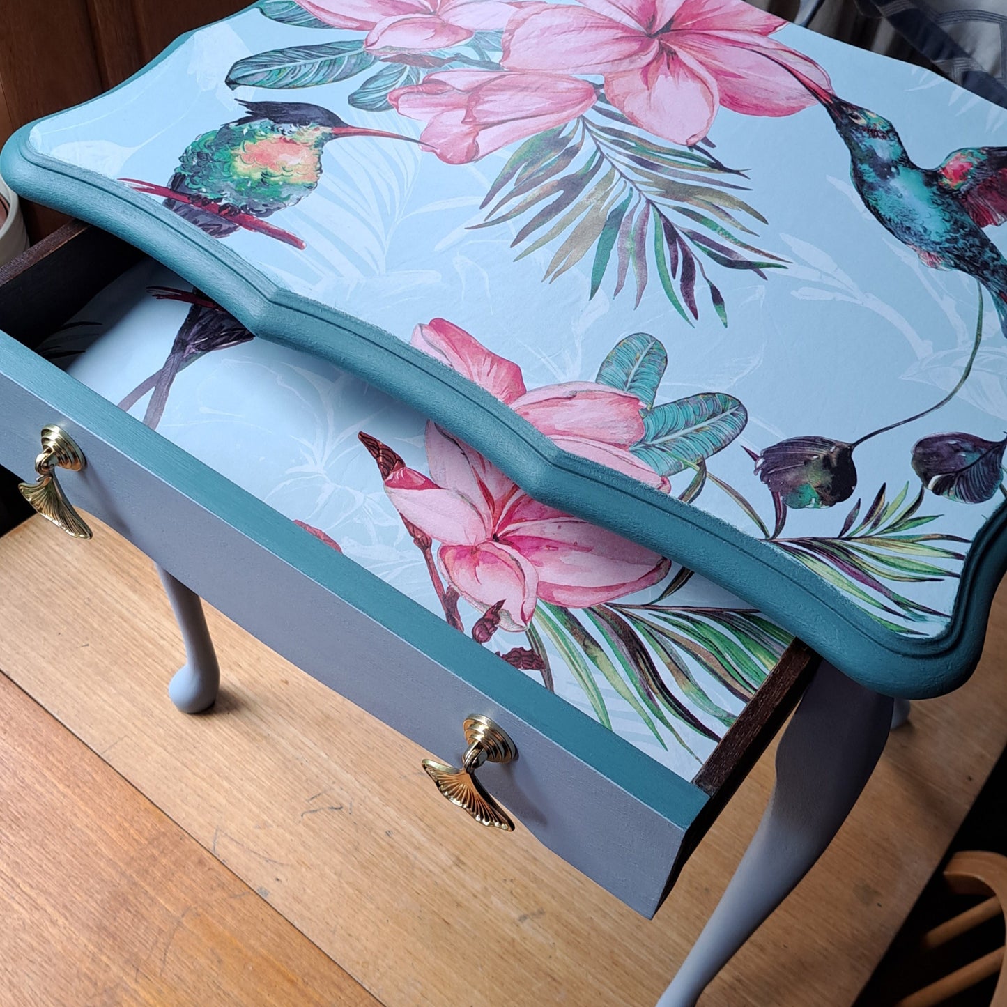 Blue Upcycled Side Table with Botanical and Exotic Birds Design