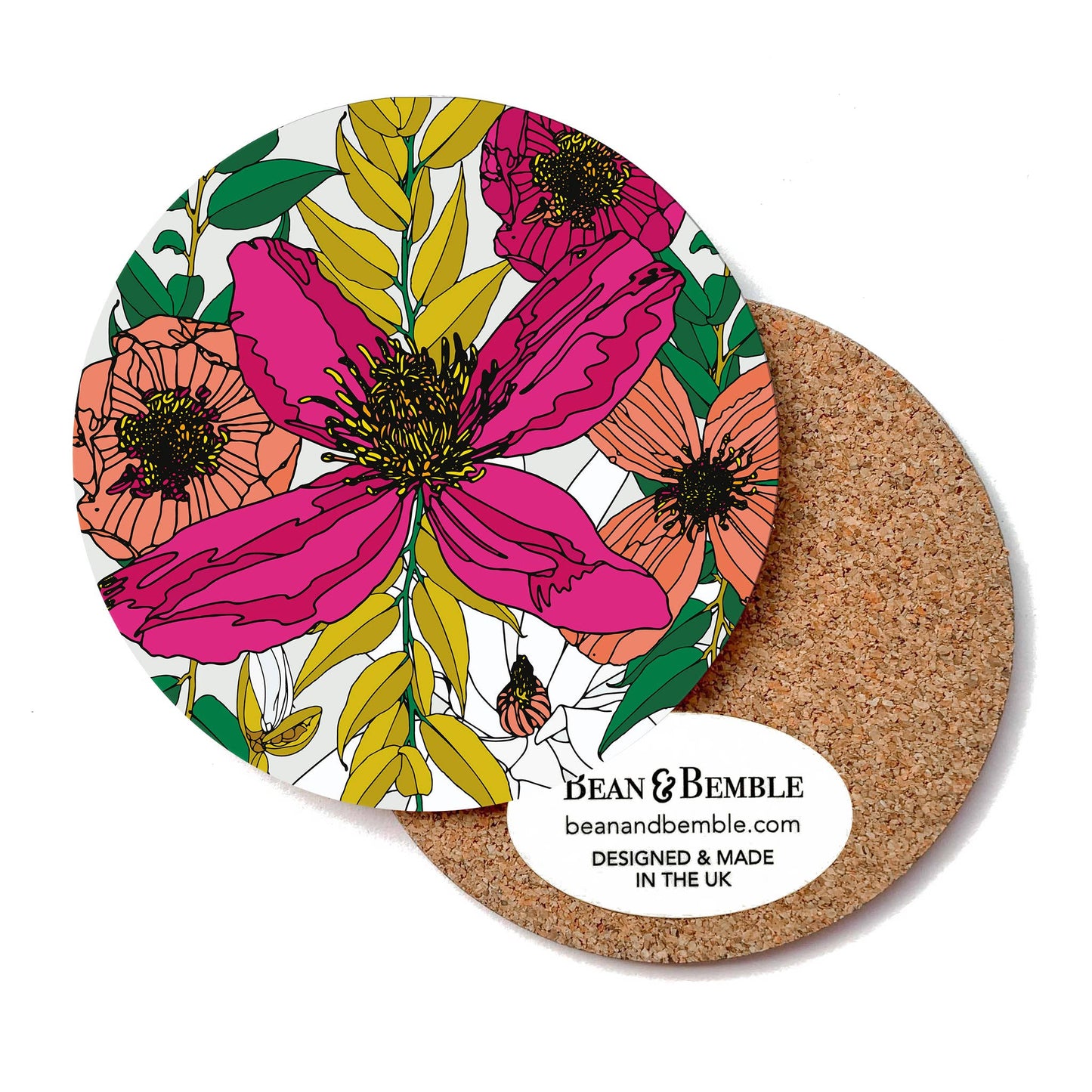 Bean and Bemble Coasters Box Set Round Melamine Wood Vivid Garden Blooms Floral