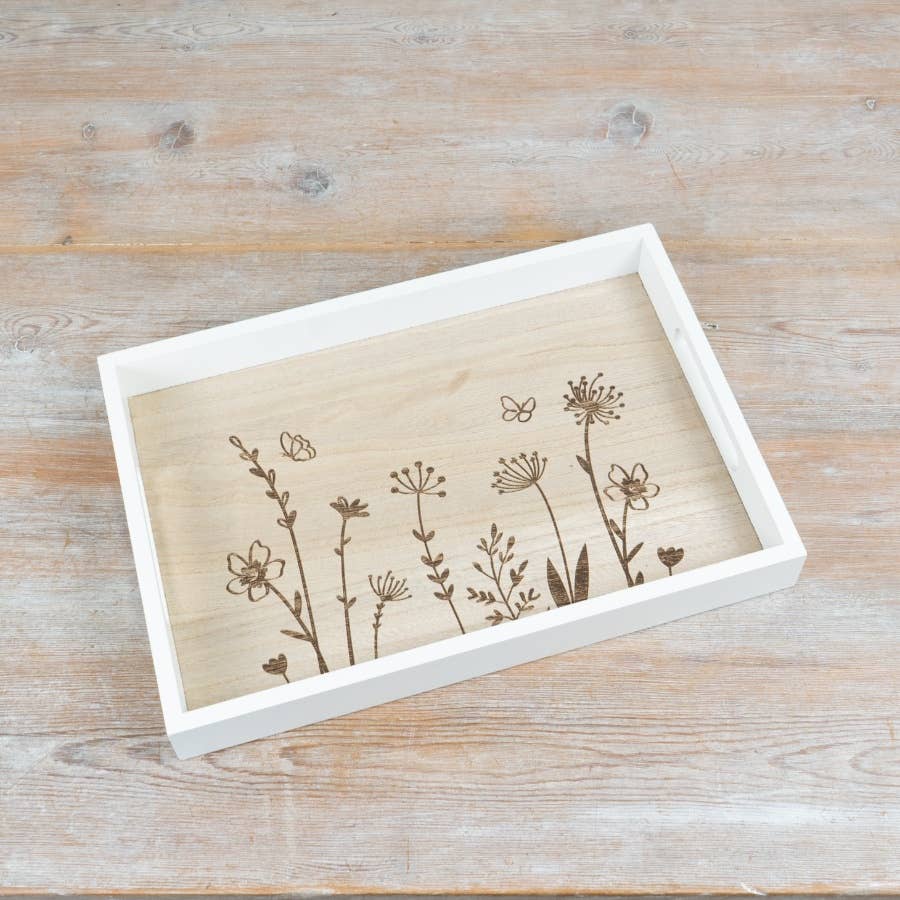 Wooden Tray Flower Design, 35cm