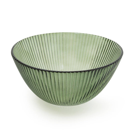 Small Green Glass Bowl Ridged Lines 15cm