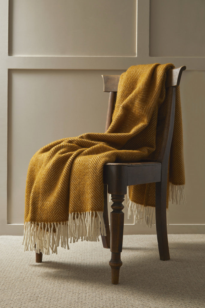 Tweedmill Fishbone Pure New Wool Throw: English Mustard Herringbone