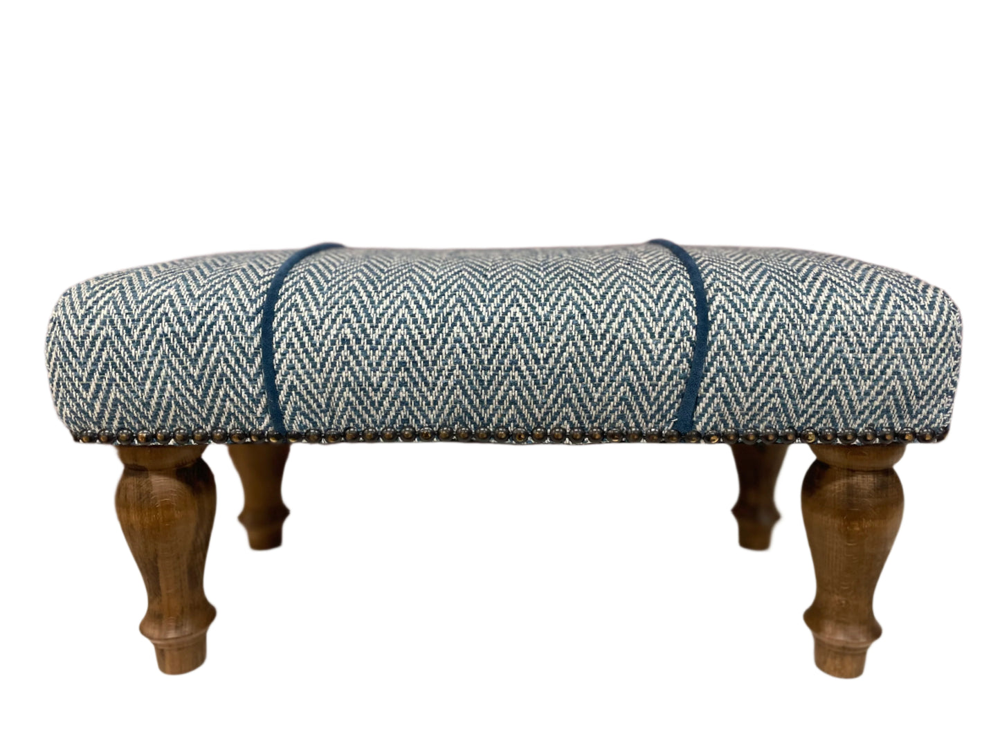 Handcrafted Footstool, Summit Teal, Blue Herringbone Weave, Dark Stained Beech Legs