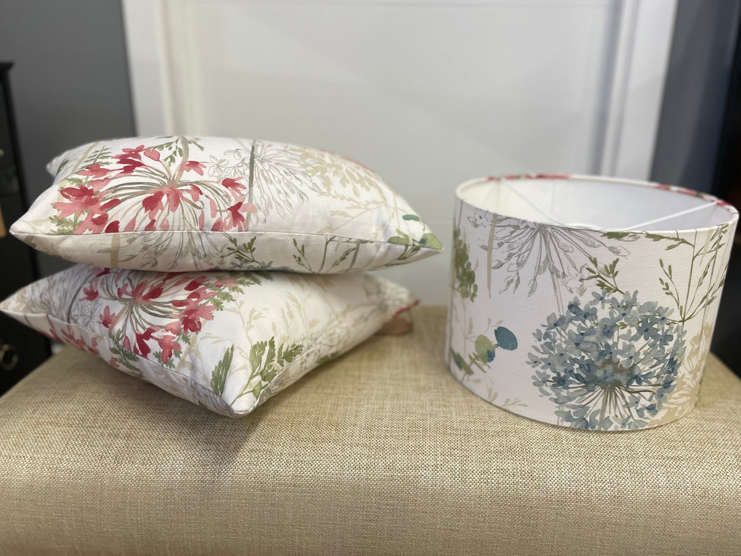 Raspberry Leaf Interiors Handmade Fabric Lampshade 30cm Drum Country Journal Haze