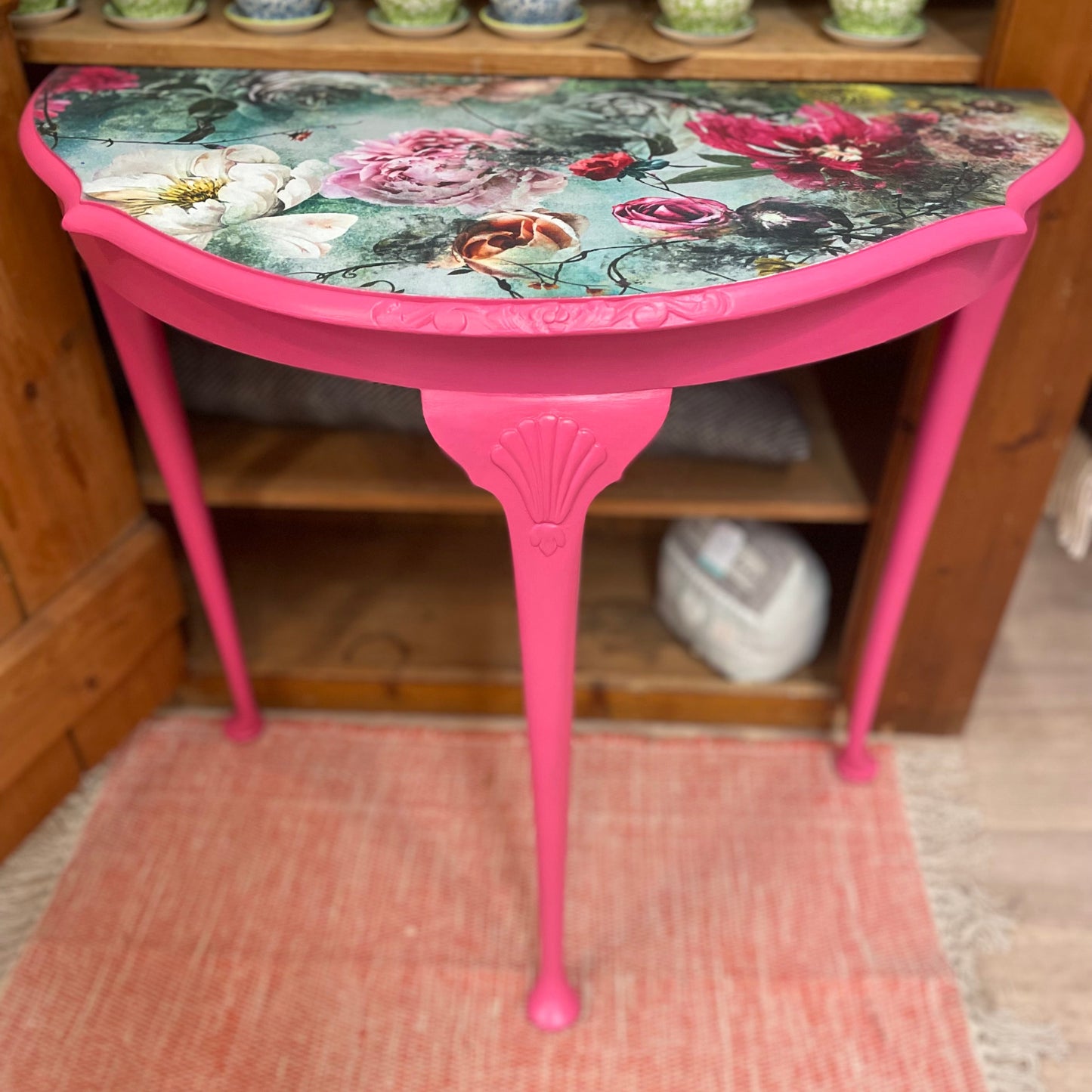 Upcycled Half Moon Table Hot Pink Floral