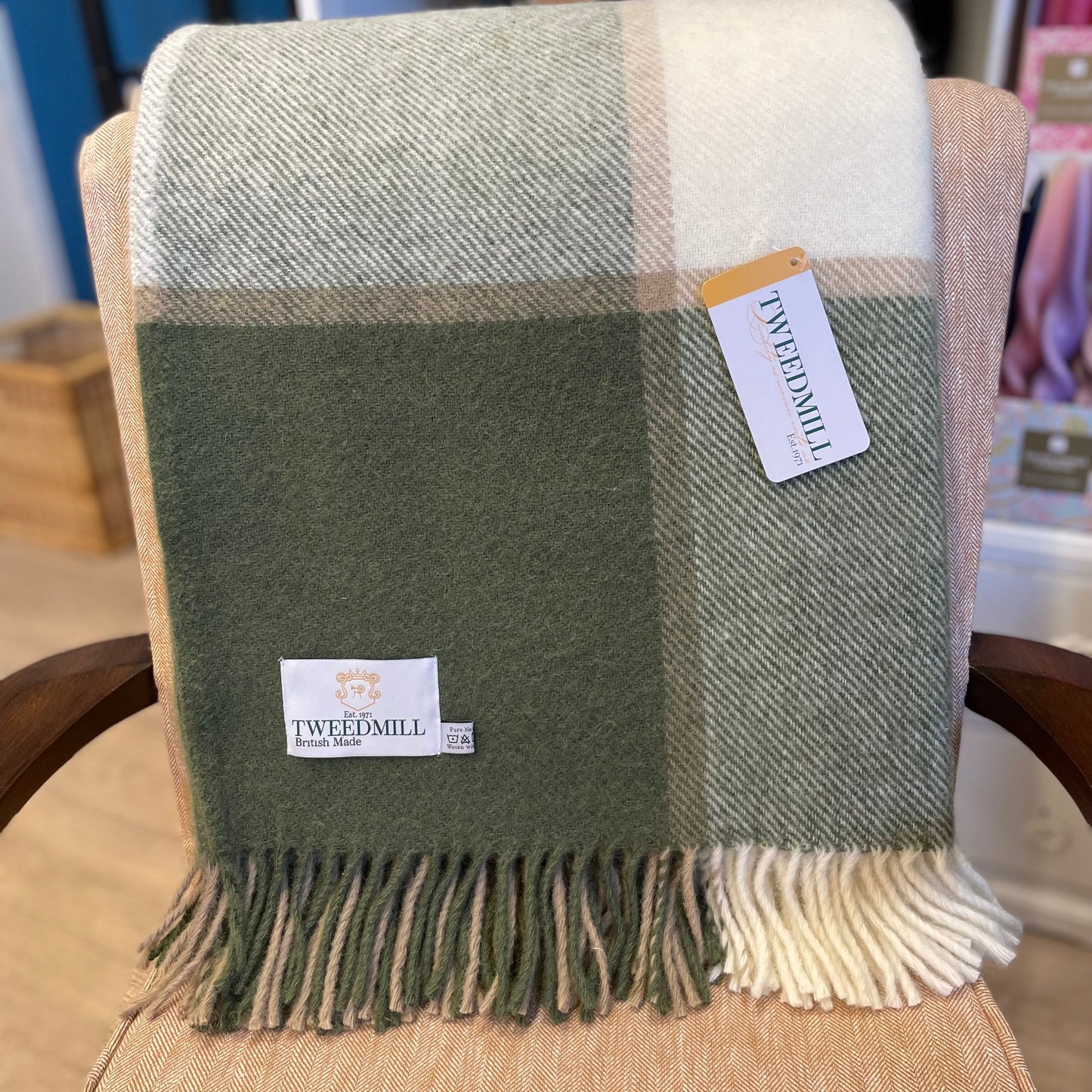 Tweedmill Block Check Wool Throw Blanket Olive