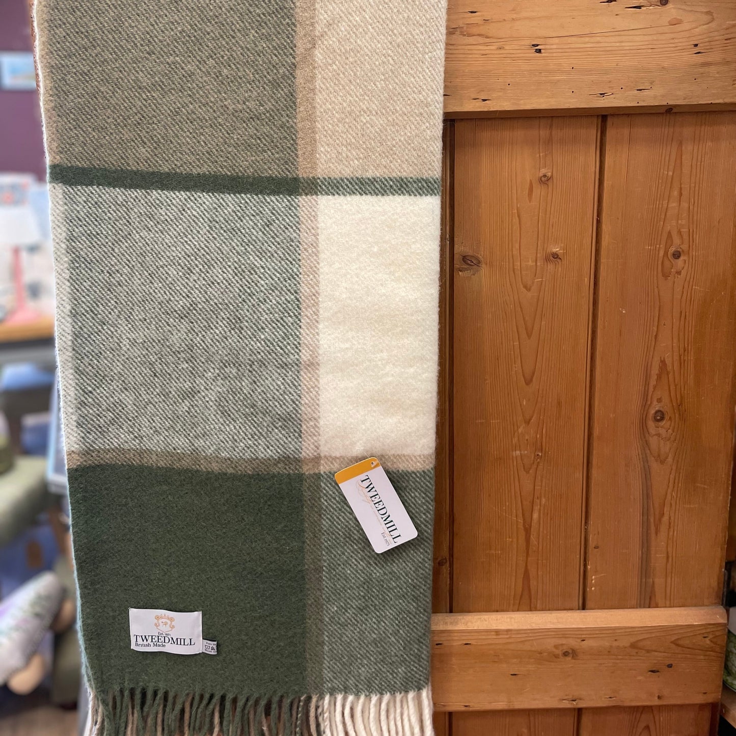 Tweedmill Block Check Wool Throw Blanket Olive