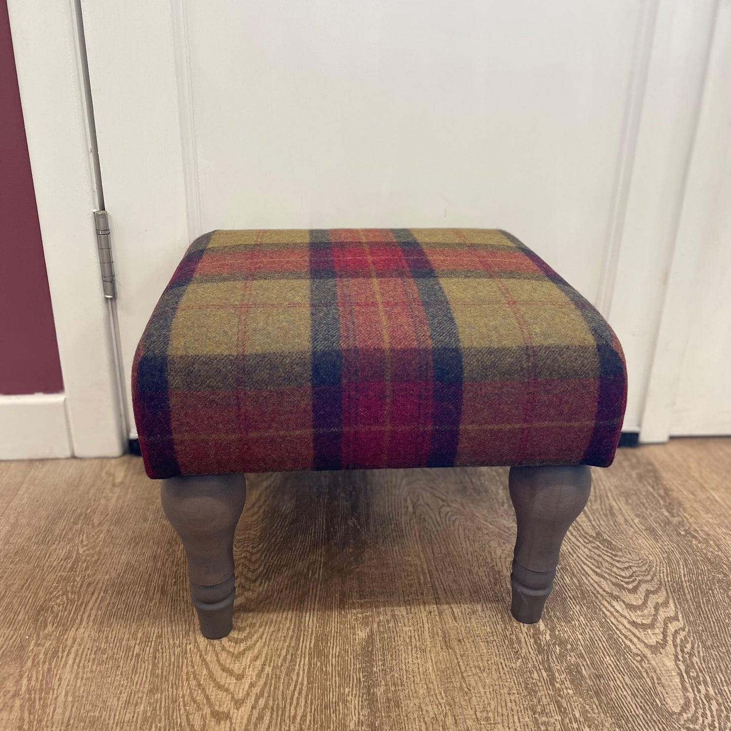 Handcrafted Footstool, Moon Skye Claret Tartan Fabric, Grey Wooden Painted Turned Legs