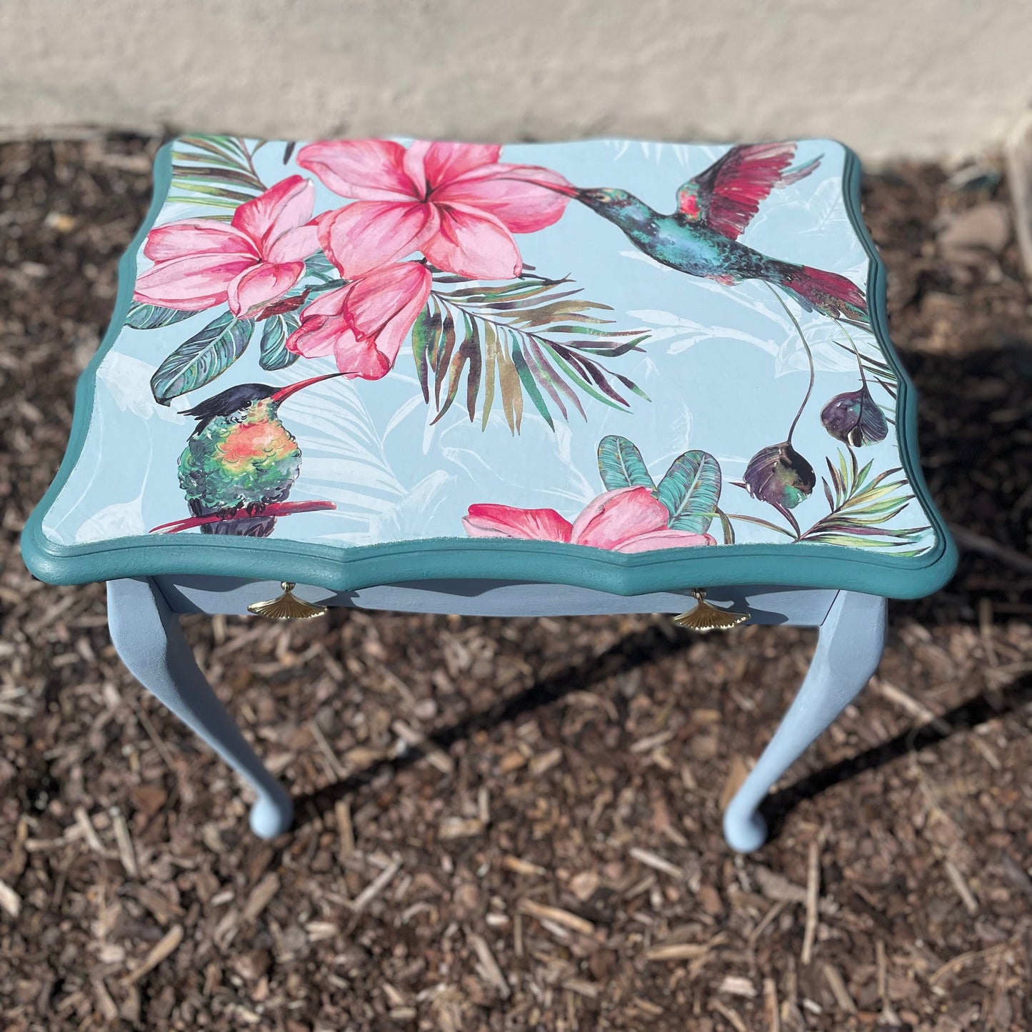 Blue Upcycled Side Table with Botanical and Exotic Birds Design
