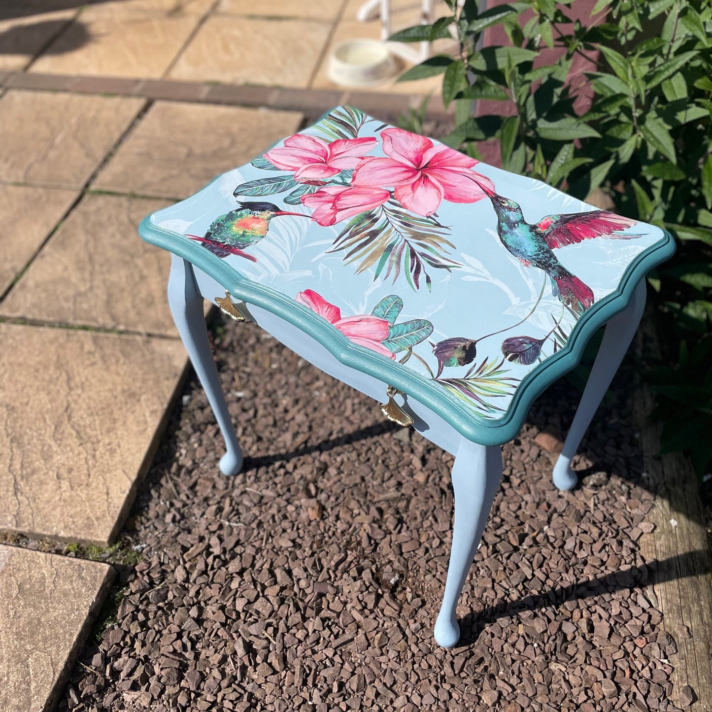 Blue Upcycled Side Table with Botanical and Exotic Birds Design