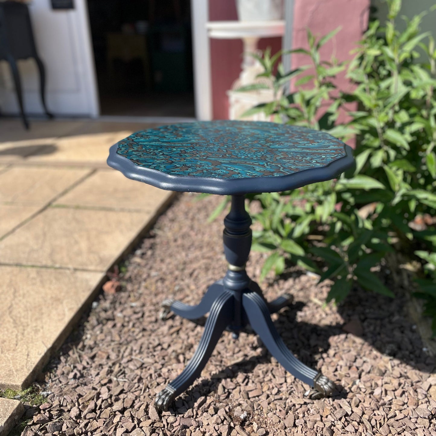 Small Round Upcycled Pedestal Table Dark Blue with Feather Design