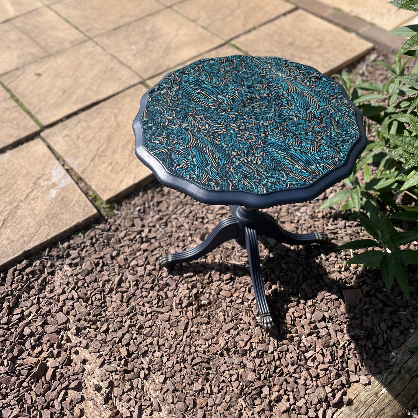 Small Round Upcycled Pedestal Table Dark Blue with Feather Design