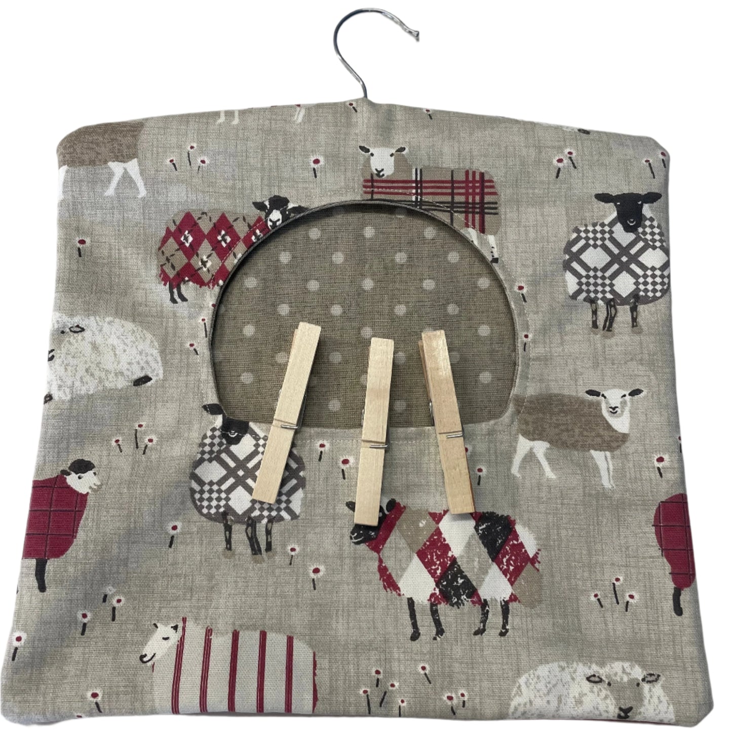 Handmade Vintage Style Clothes Peg Bag Sheep Design with Polka Dot Lining