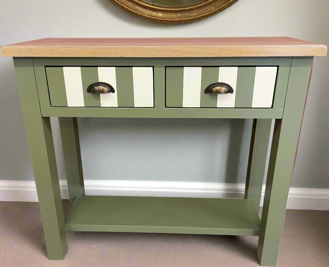 Upcycled Oak Console Table Olive Green and Cream Stripes