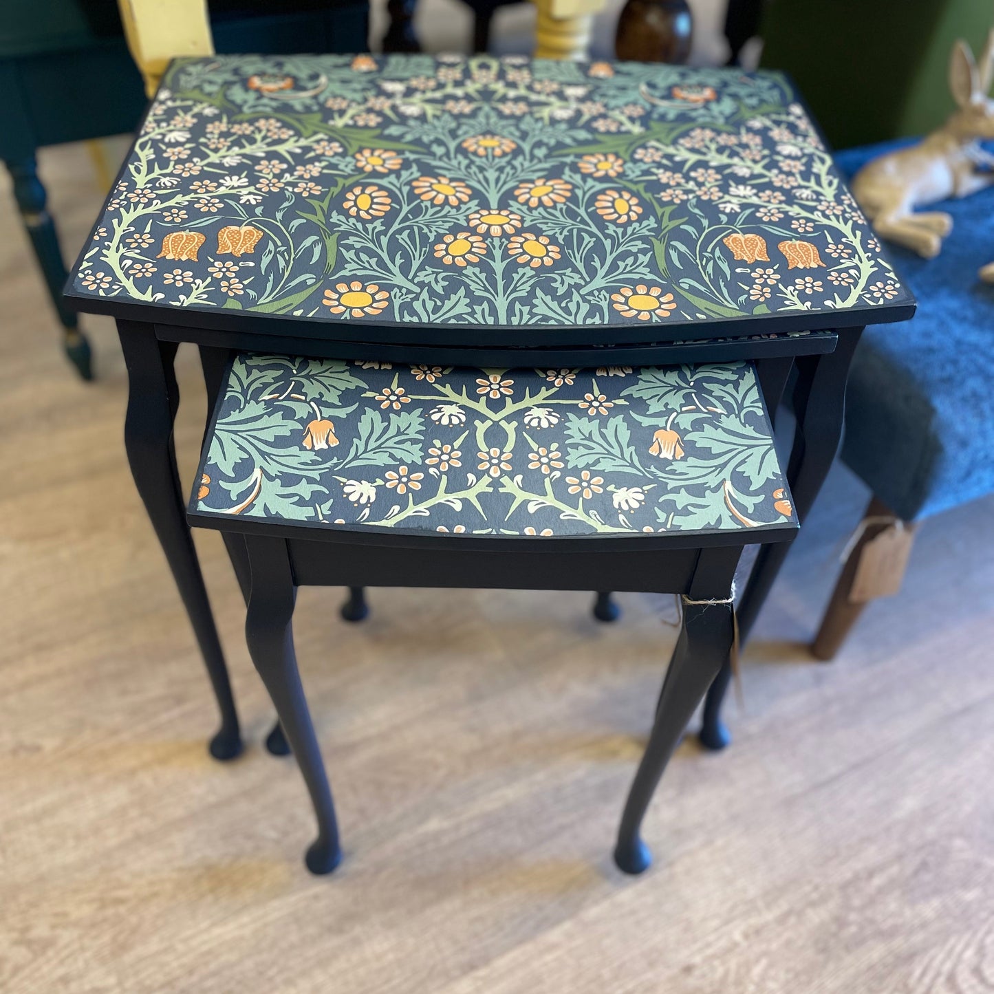 Upcycled Nest of Three Tables William Morris Blackthorn Blue