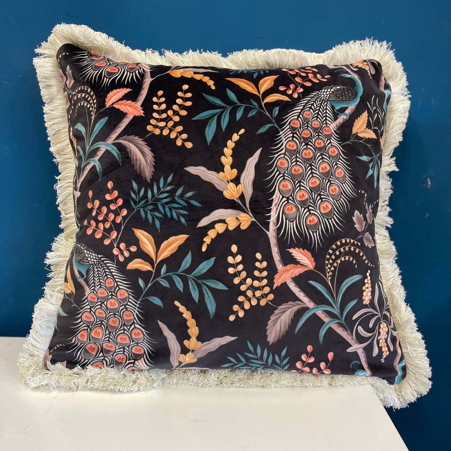 Raspberry Leaf Interiors 22",55cm Parvani Onyx Black Velvet Peacock Square Cushion