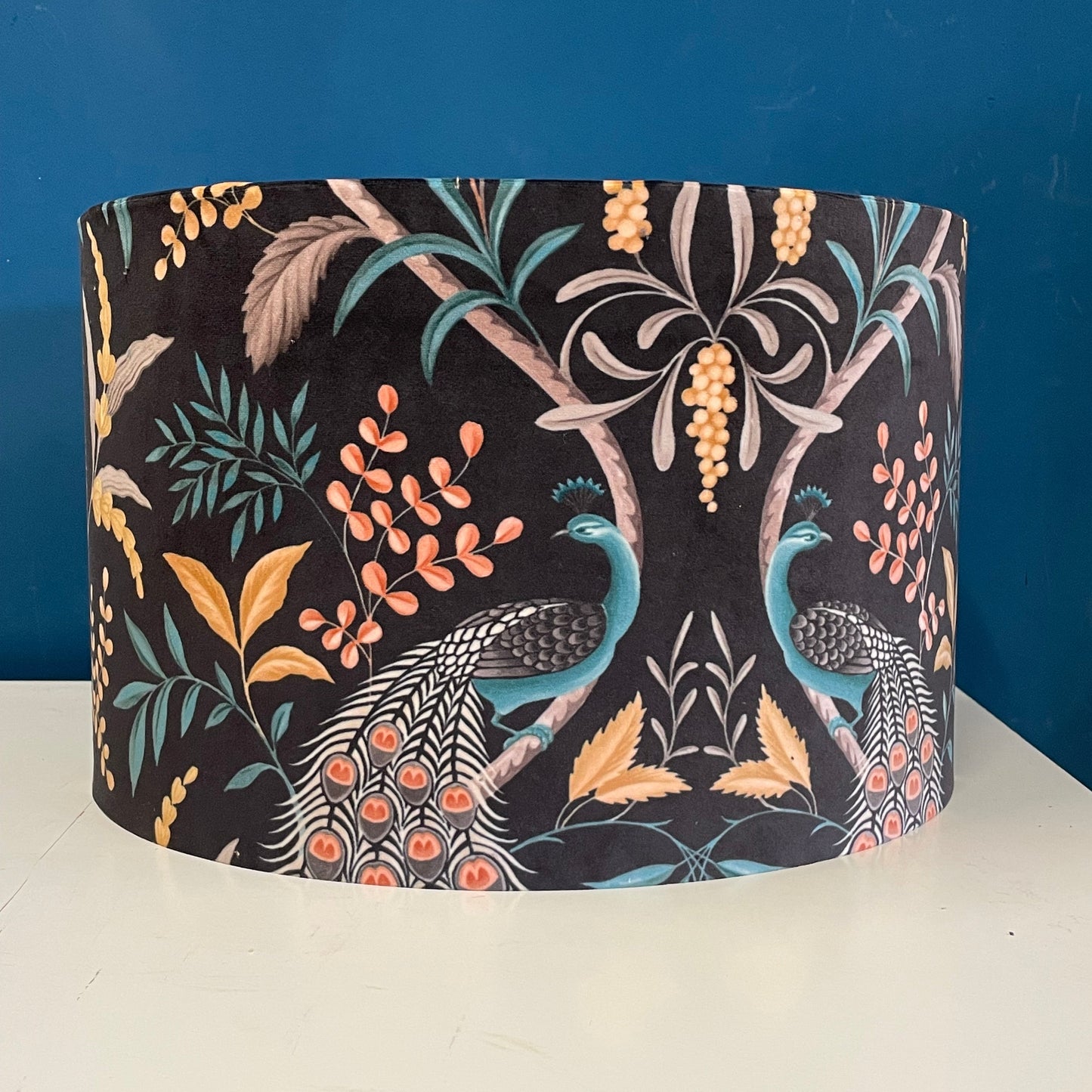 Handmade Lampshade, 40cm Drum, Parvani Onyx Fabric Black Velvet Peacock Shade