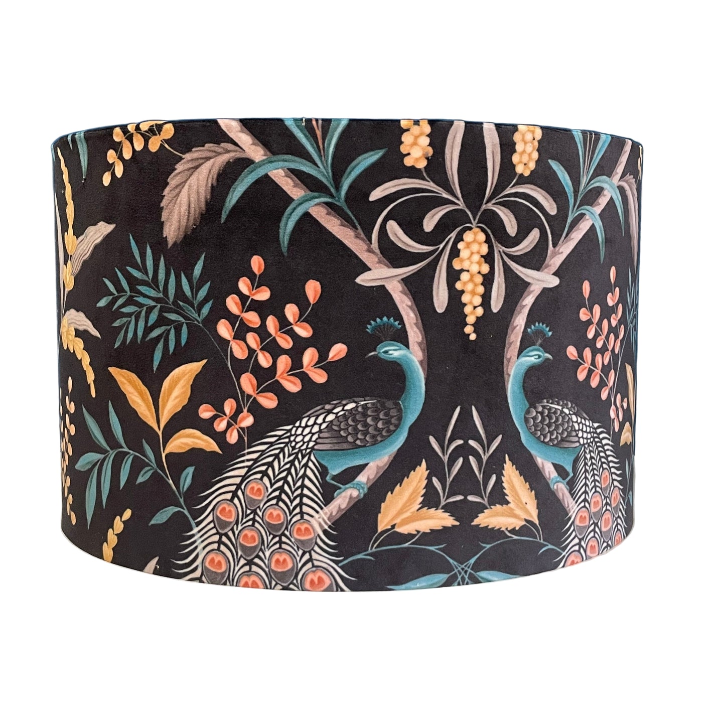 Handmade Lampshade, 40cm Drum, Parvani Onyx Fabric Black Velvet Peacock Shade