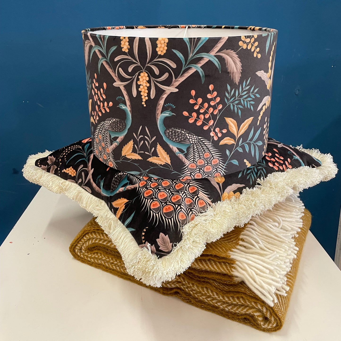 Raspberry Leaf Interiors 22",55cm Parvani Onyx Black Velvet Peacock Square Cushion