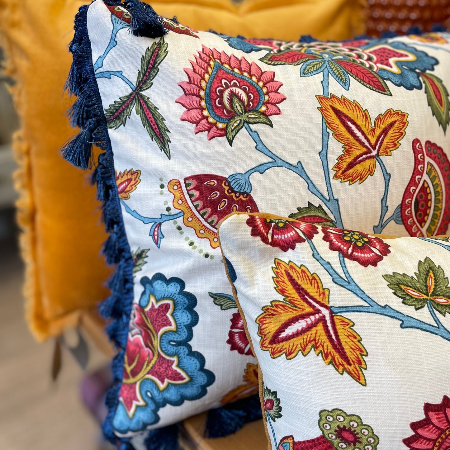 Raspberry Leaf Interiors 16",40cm Summer Tapestry Square Cushion with Tassel Trim