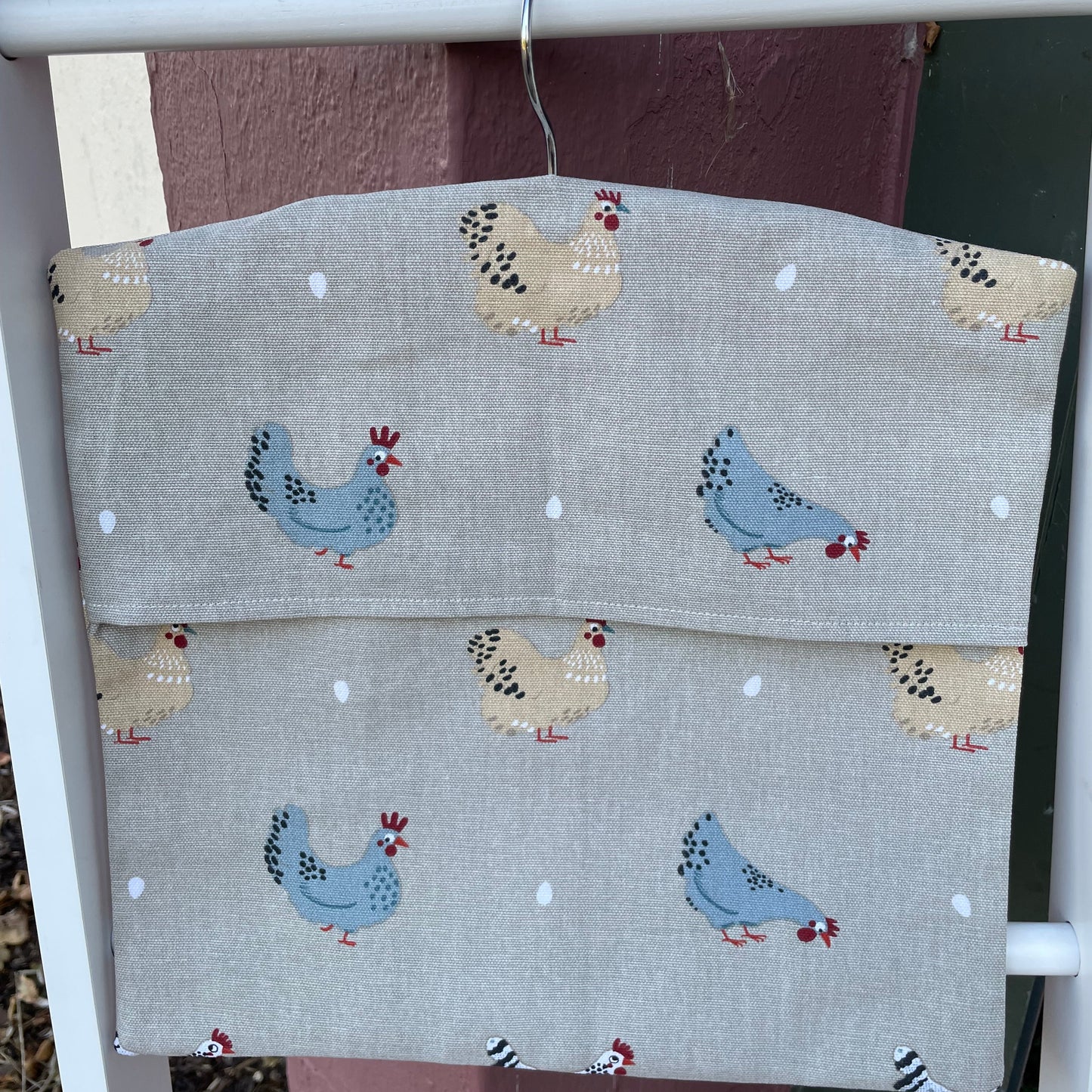 Raspberry Leaf Interiors Handmade Fabric Peg Bag Sophie Allport Chicken Lay a Little Egg