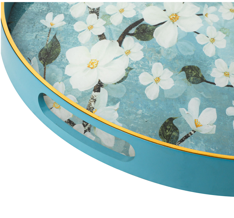 Set of Two Blue White Flower Design Round Trays