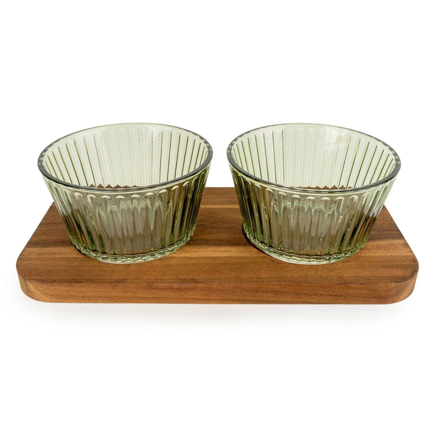 Set of 2 Round Green Glass Dishes on Mango Wood Tray