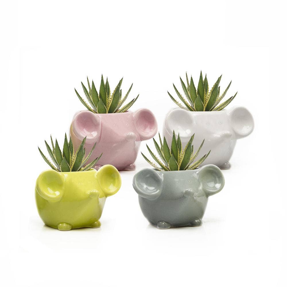 Mouse Planter Glazed Ceramic Animal Pot: Chartreuse Green