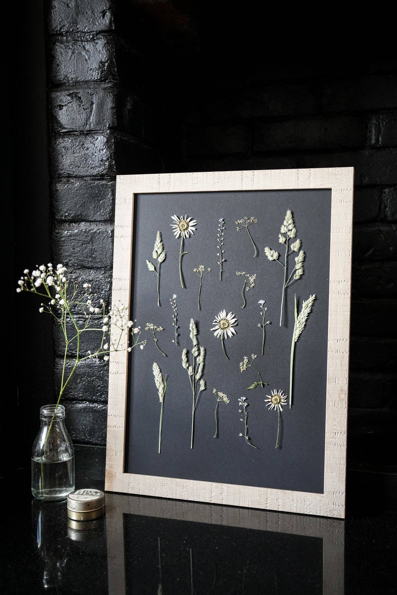 Daisy Haze – Framed A3 Black Pressed Flower Giclée Print: Framed A3 Pressed Flower Print: Sand Frame