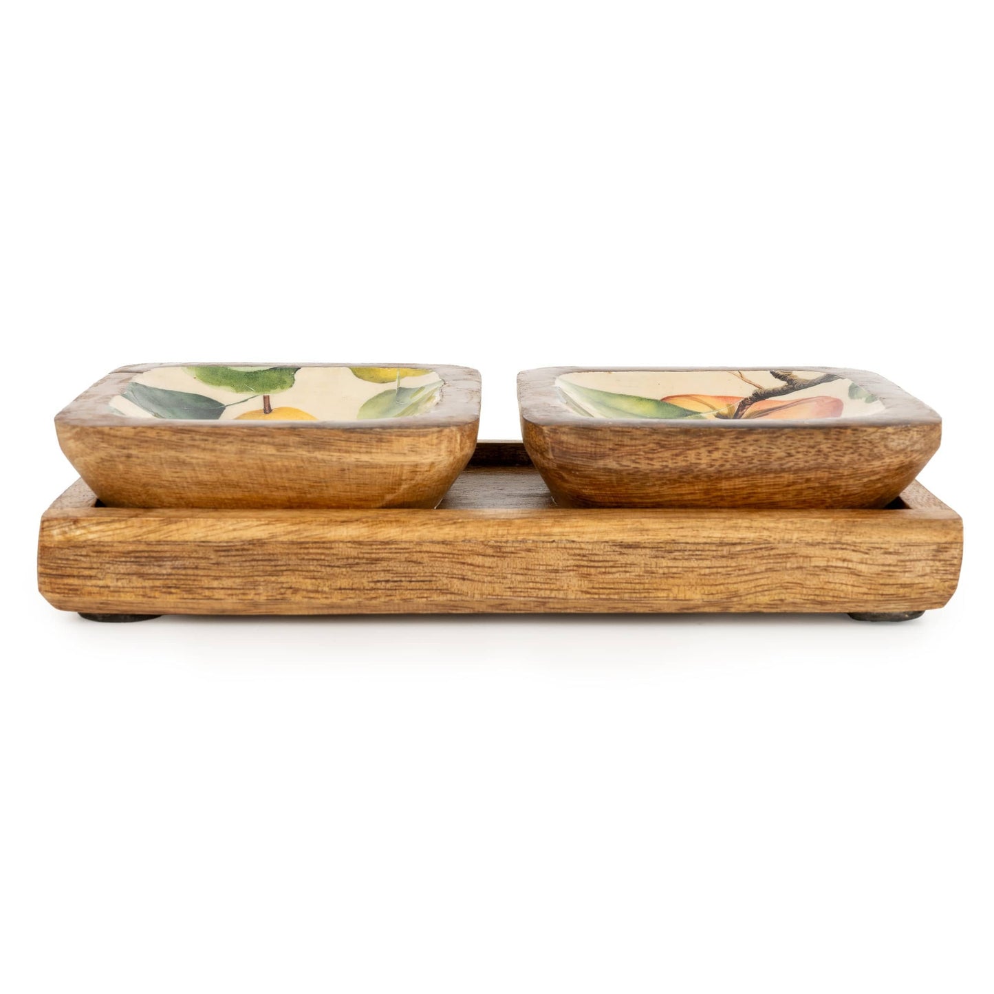 Mango Wood Square Dipping Bowls on Tray - apples and pears set of two