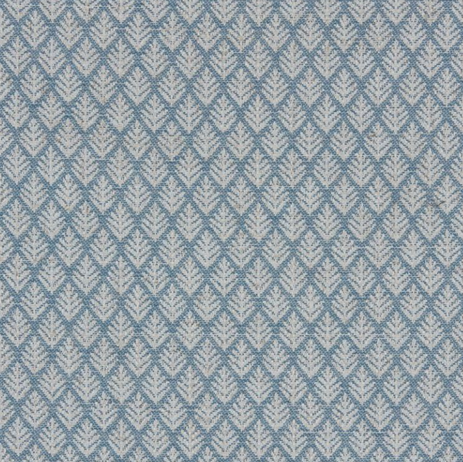 A close-up of a woven fabric or wallpaper pattern featuring a repeating diamond design in dusty blue and light gray.