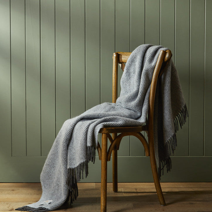 Tweedmill Lifestyle Herringbone Wool Throw Blanket Powder Blue, Charcoal