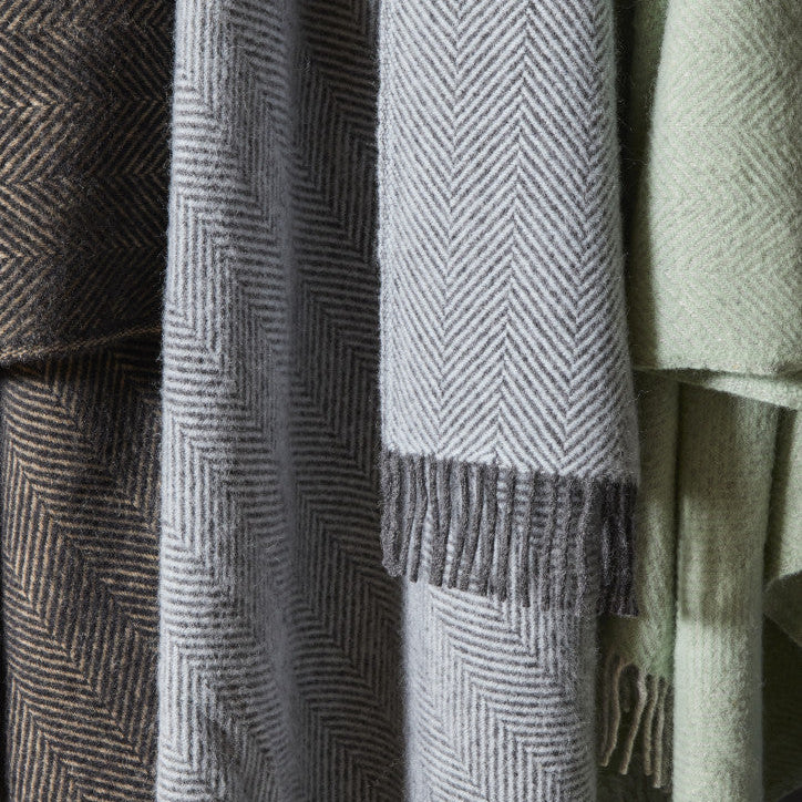 Tweedmill Lifestyle Herringbone Wool Throw Blanket Powder Blue, Charcoal