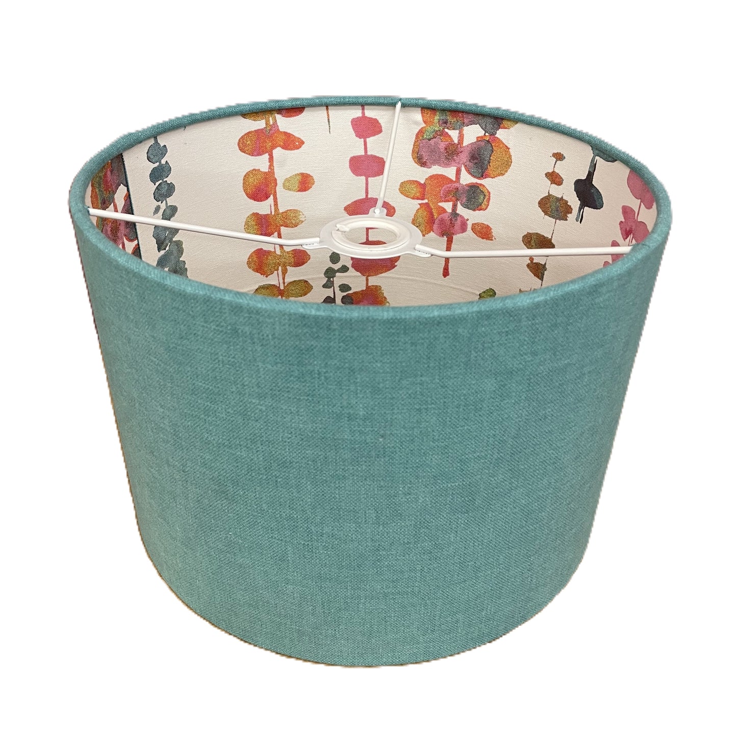 Raspberry Leaf Interiors Handmade Lampshade 30cm Drum Oslo Peacock and Santa Maria Rainbow