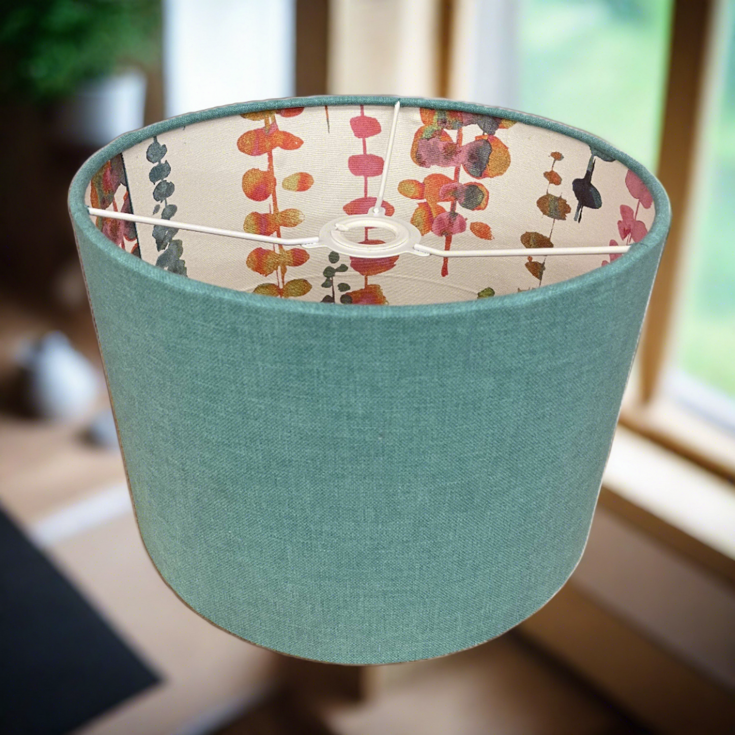 Raspberry Leaf Interiors Handmade Lampshade 30cm Drum Oslo Peacock and Santa Maria Rainbow