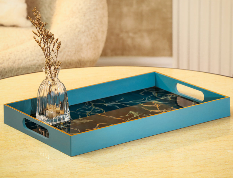 Set of Two Teal Blue Abstract Design Rectangular Trays
