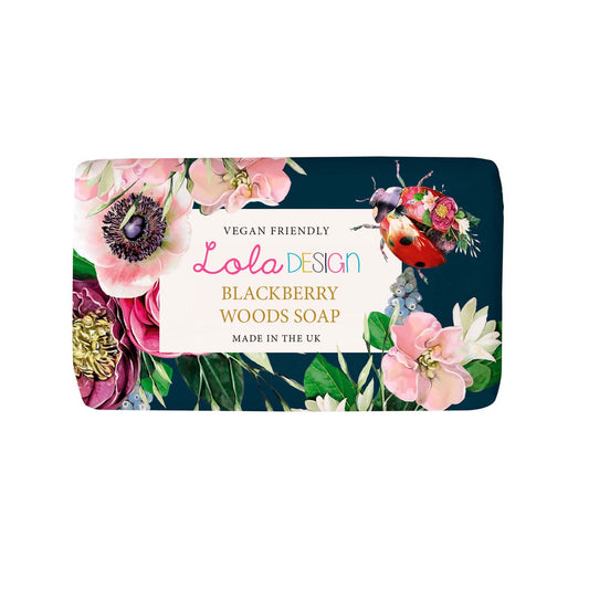 Lola designs paper wrapped blackberry scented hand soap bar with floral and insect illustrations 
