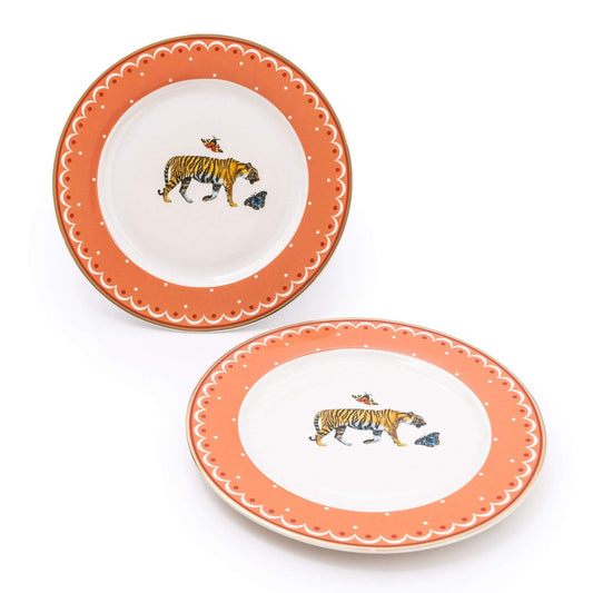 peach orange round china side plates with tigers
