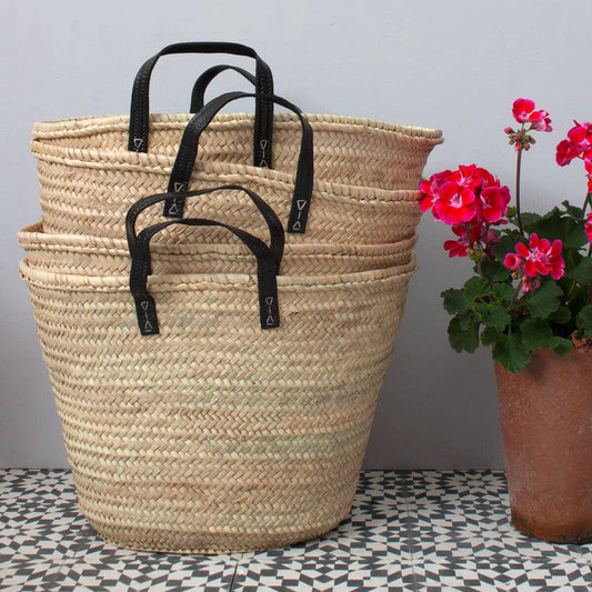 black leather handle hand woven palm leaf shopper basket bag 