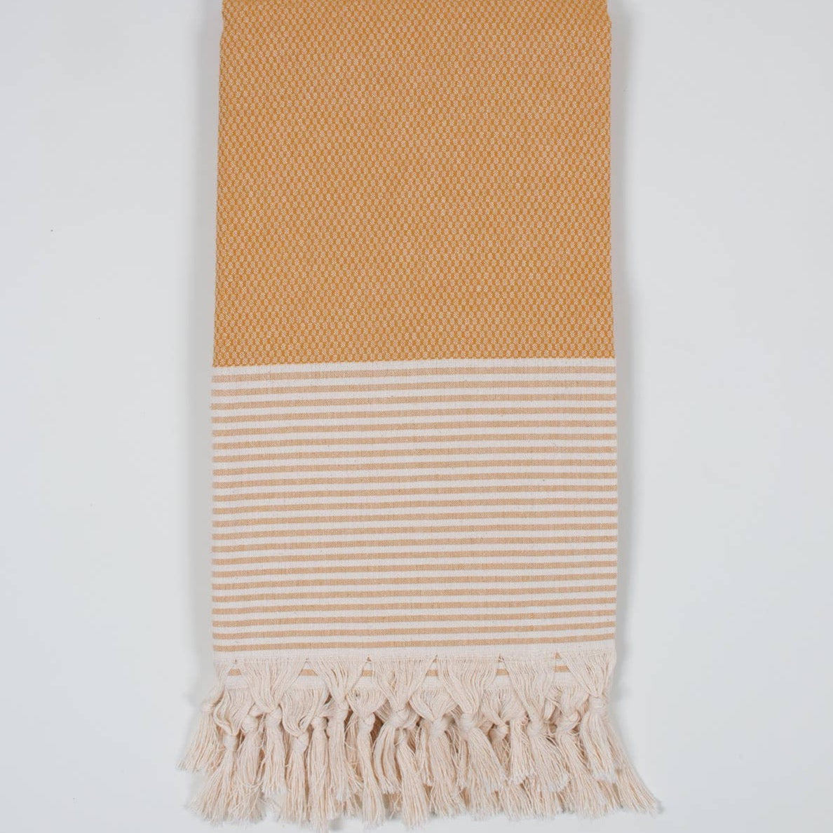 Bohemia design mustard yellow stripy cotton Turkish hammer towel with tassel fringing