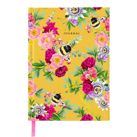 Mustard yellow fabric covered A5 journal note book with pink and purple flowers and bumble pee illustrations 