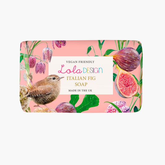 Italian wild fig scented pink hand soap bar with wren bird and florals on wrapper 