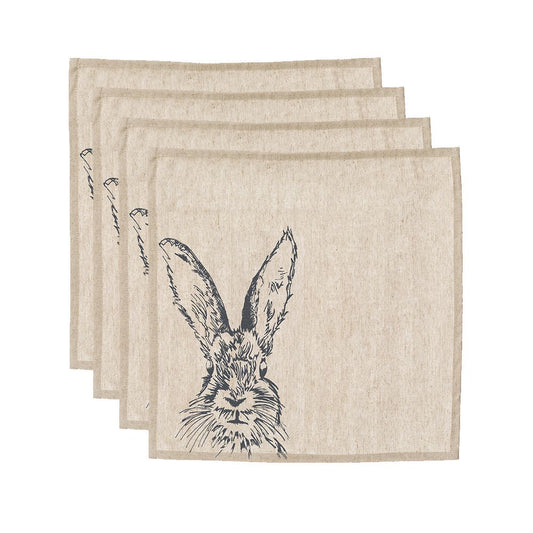 natural off white brown linen and cotton square napkin with black screen printed hare rabbit illustration 
