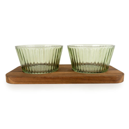 Set of 2 Round Green Glass Dishes on Mango Wood Tray