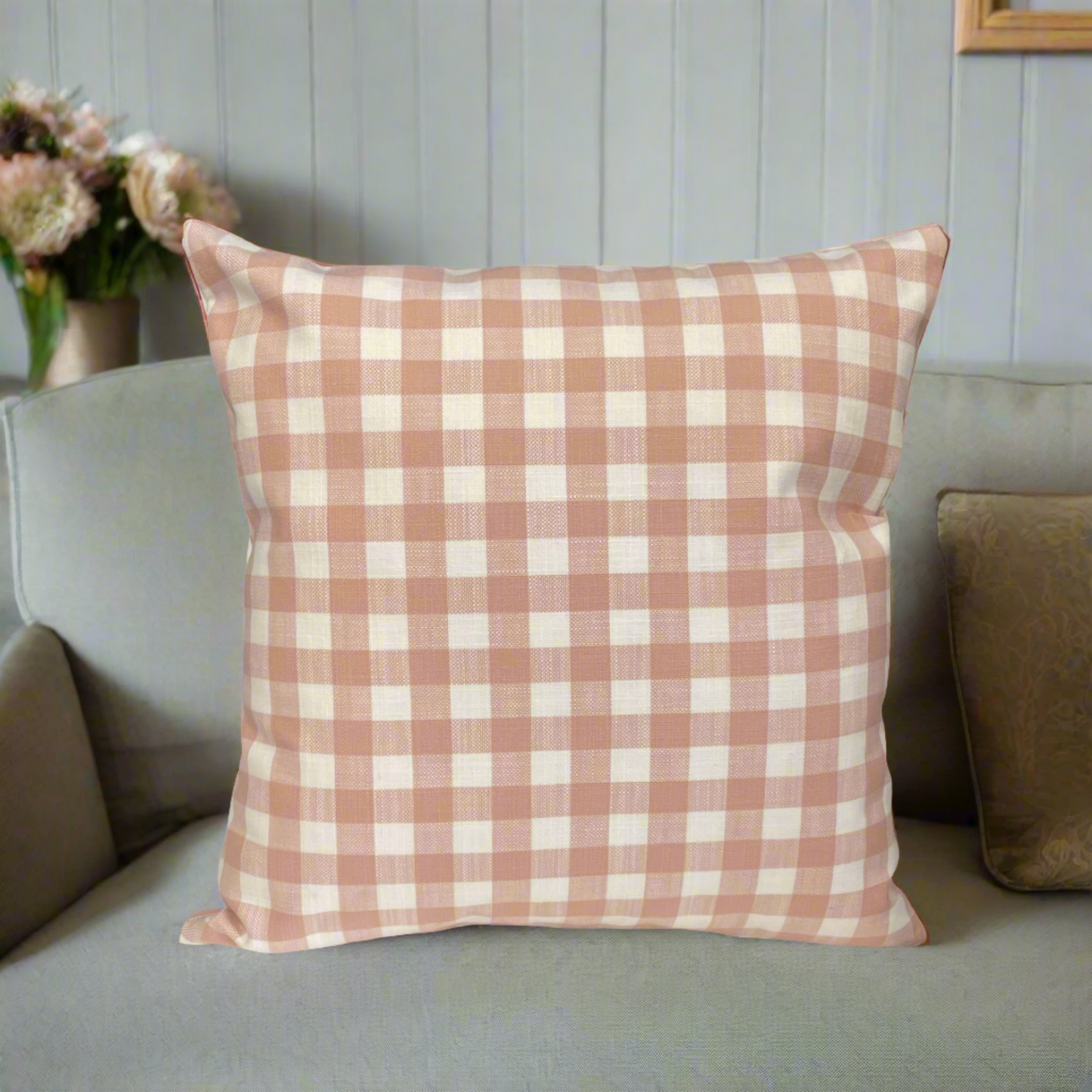 Arlington Blossom 14", 35cm, Square Cushion Peach and White Check Prestigious Textiles