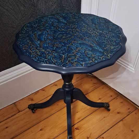 Small Round Upcycled Pedestal Table Dark Blue with  Feather Design