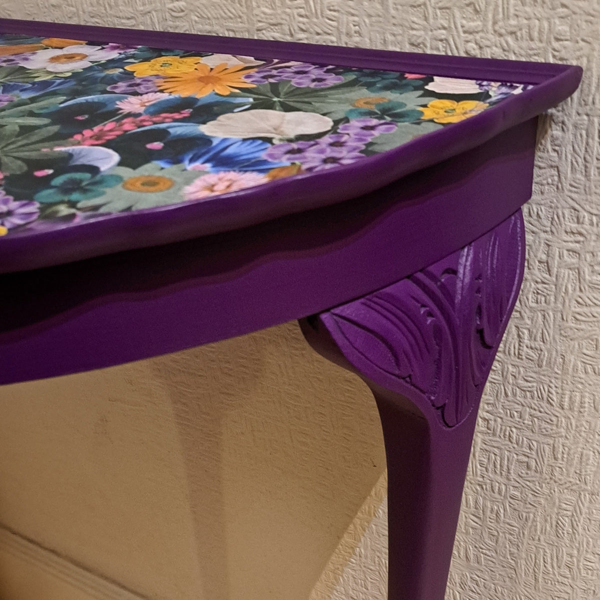 Raspberry Moon Half Purple Floral Upcycled Half Moon Table – Raspberry Leaf Interiors