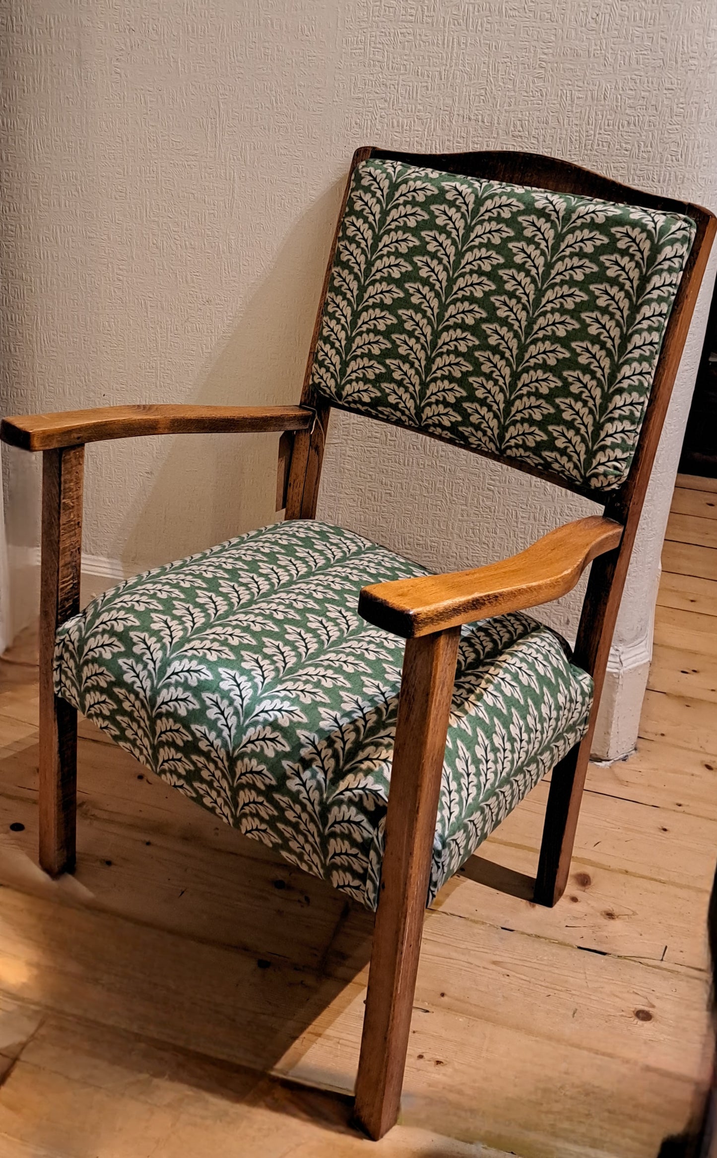 Mid Century Wooden Chair Green Leaf Pattern