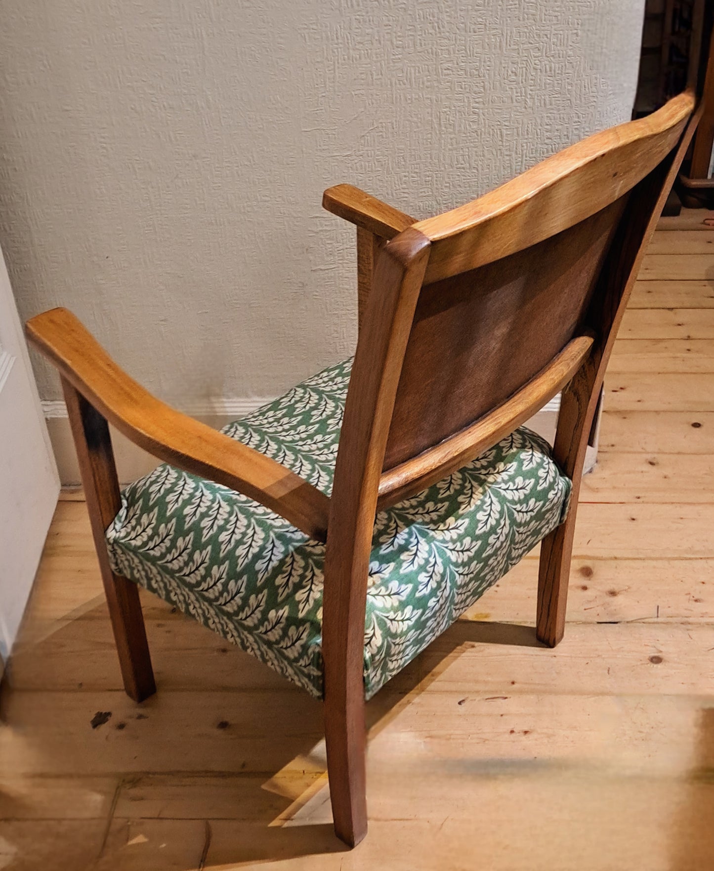 Mid Century Wooden Chair Green Leaf Pattern