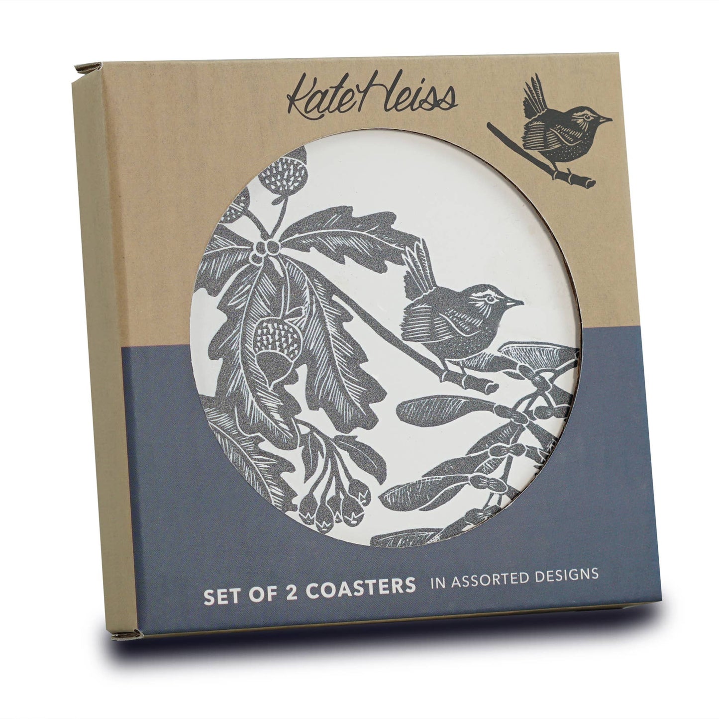Ceramic Coasters Woodland Acorn Bird Navy